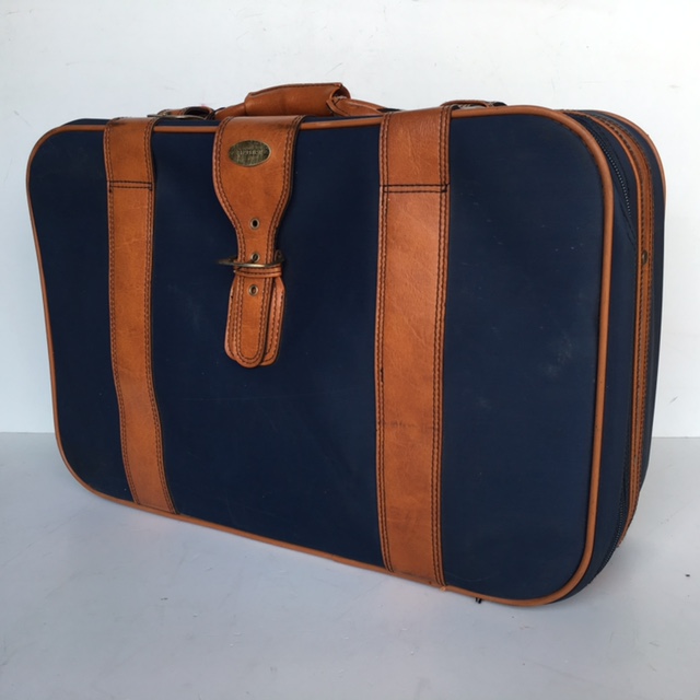 SUITCASE, Large Navy w Tan Vinyl Straps - 1970-80s